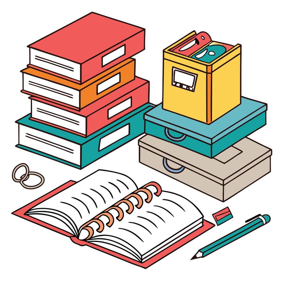 Organized Office Supplies Binders, Notebooks, and Stationery Essentials vector