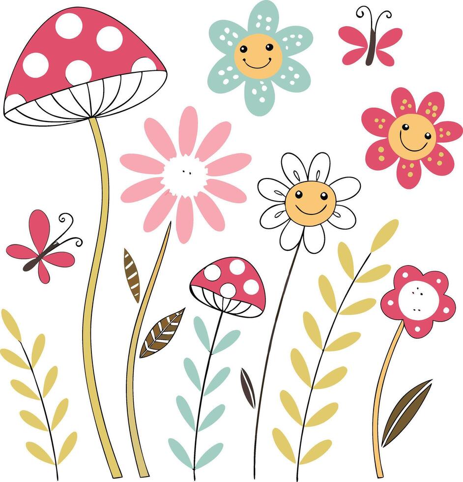 Whimsical Cartoon Flowers and Mushrooms vector