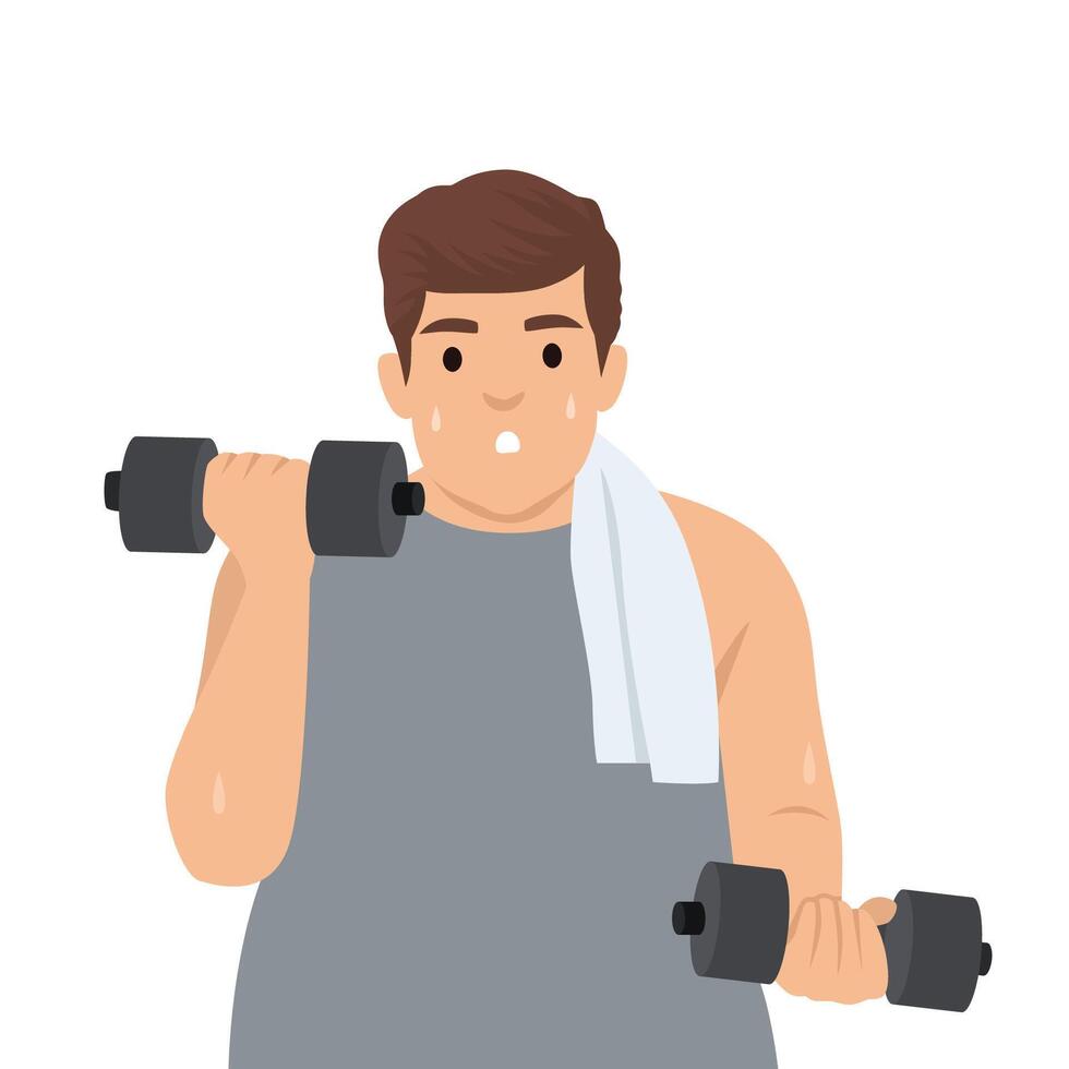 Sweating overweight man lifts dumbbells with effort, dedication to personal health improvement. vector