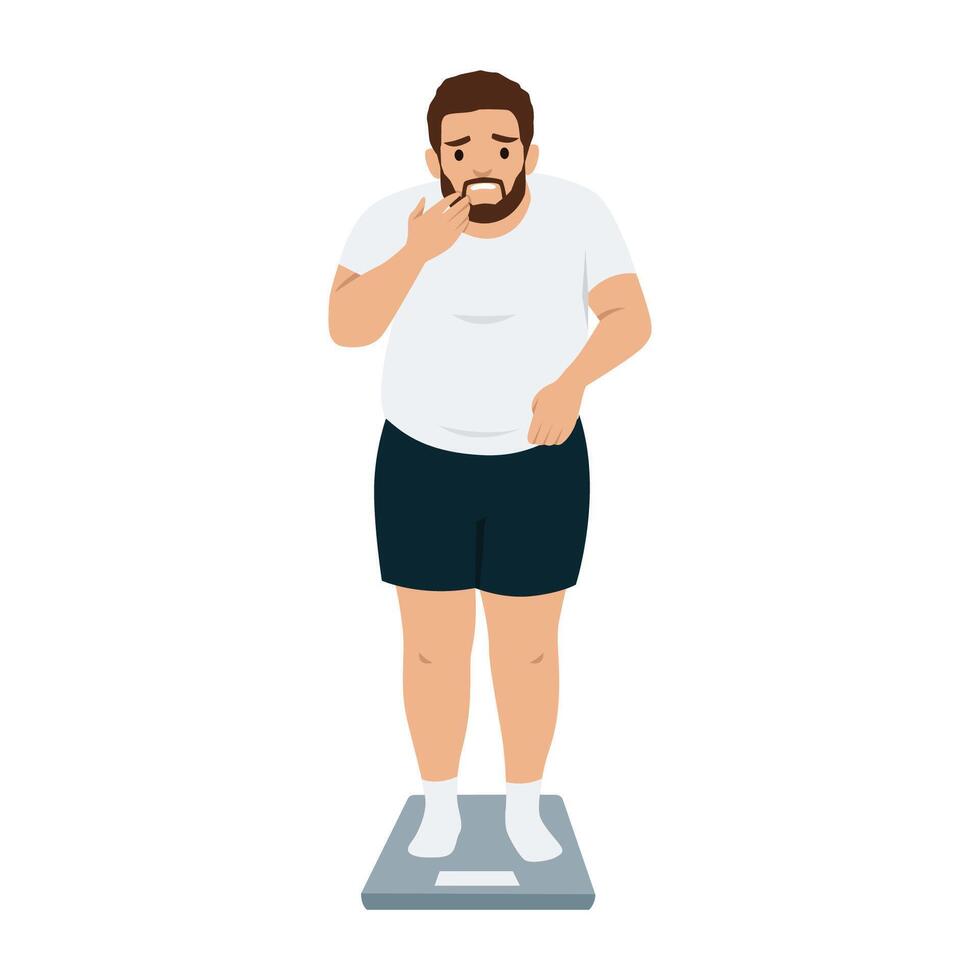 Overweight Man Shocked by Scale Reading. Man standing on a weighing scale with a shocked expression. vector