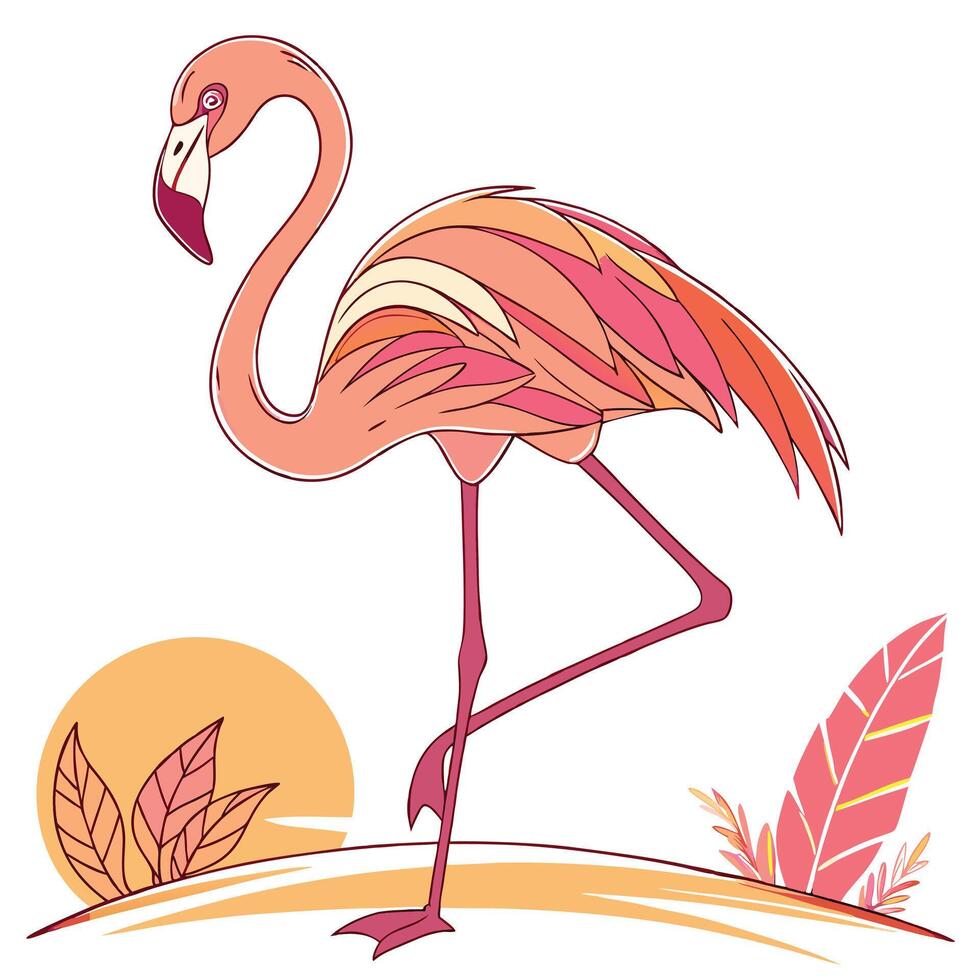 Exotic Flamingo Art in Nature Setting in white BG vector