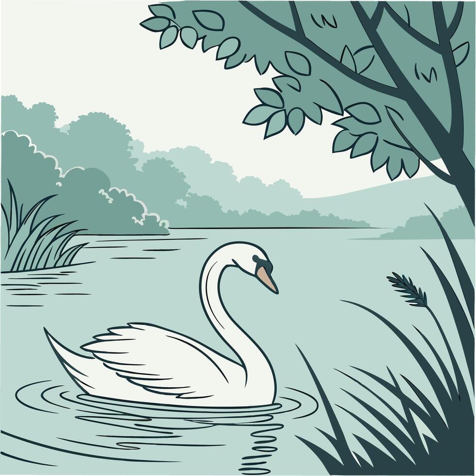 Elegant Swan Swimming in a Peaceful Lake A Wildlife Illustration vector