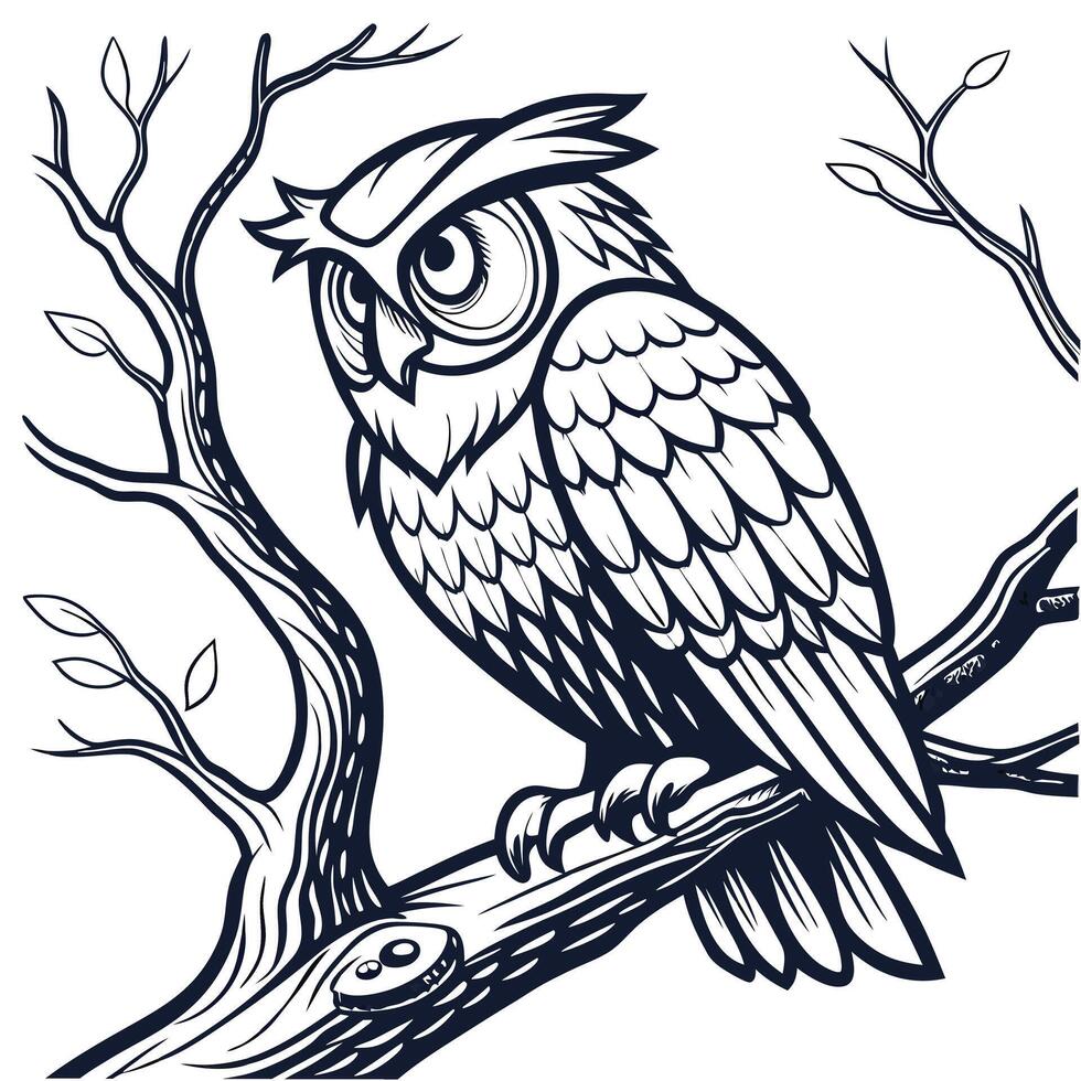 Sketch of an owl perched on a branch, front view, on a white background vector