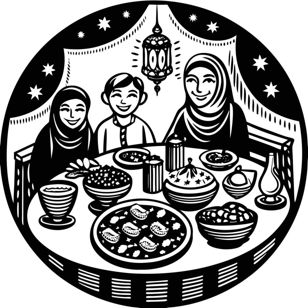 Peaceful Suhoor Setting Steaming Tea, Dates, and a Quran at Dawn vector