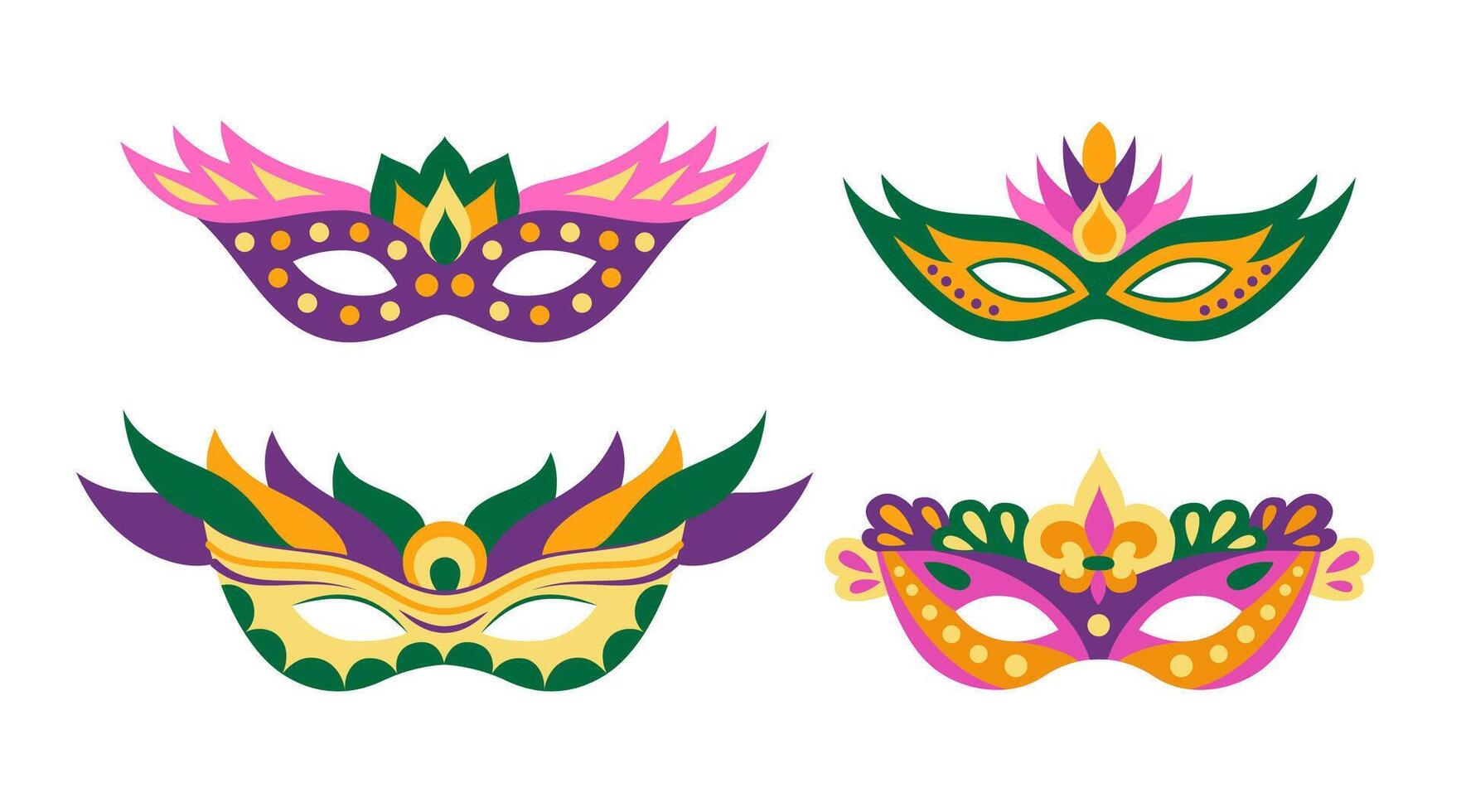 Mardi Gras carnival masks set isolated on white background. Venetian colorful fancy masks for party vector