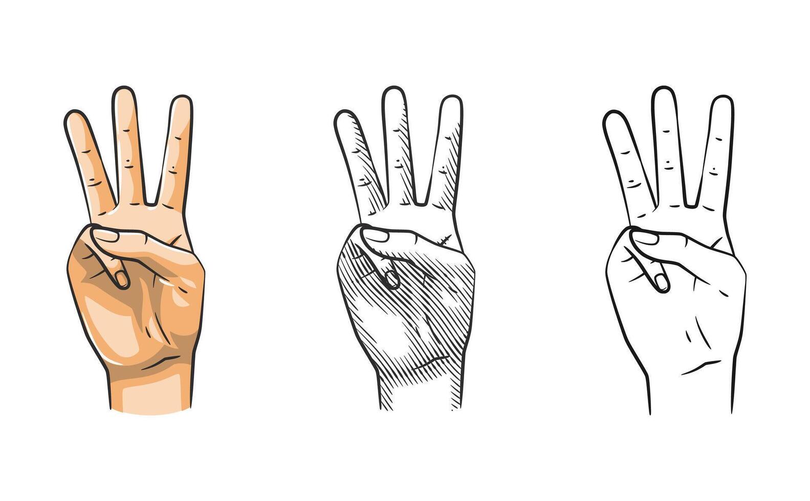 Hand Gesture Number Three Line Art Shaded Colored vector