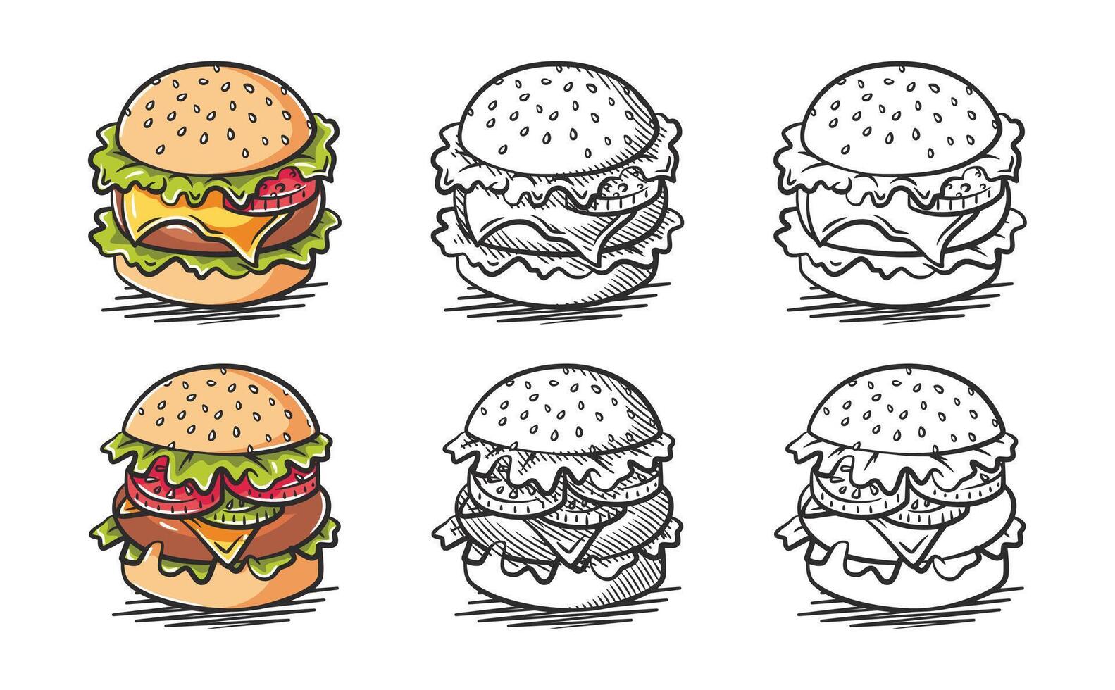 Tasty Burger Collection Detailed Line Art with Shading and Colors vector