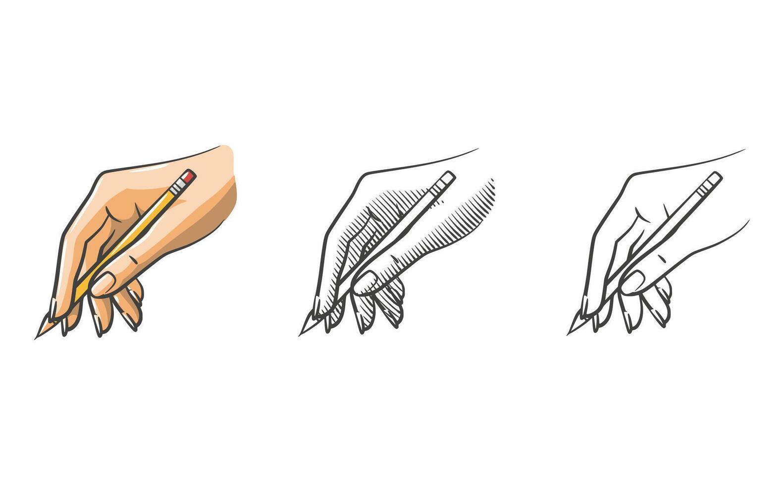 Hand Holding Pencil in Writing Pose Line Art with Shading and Color vector