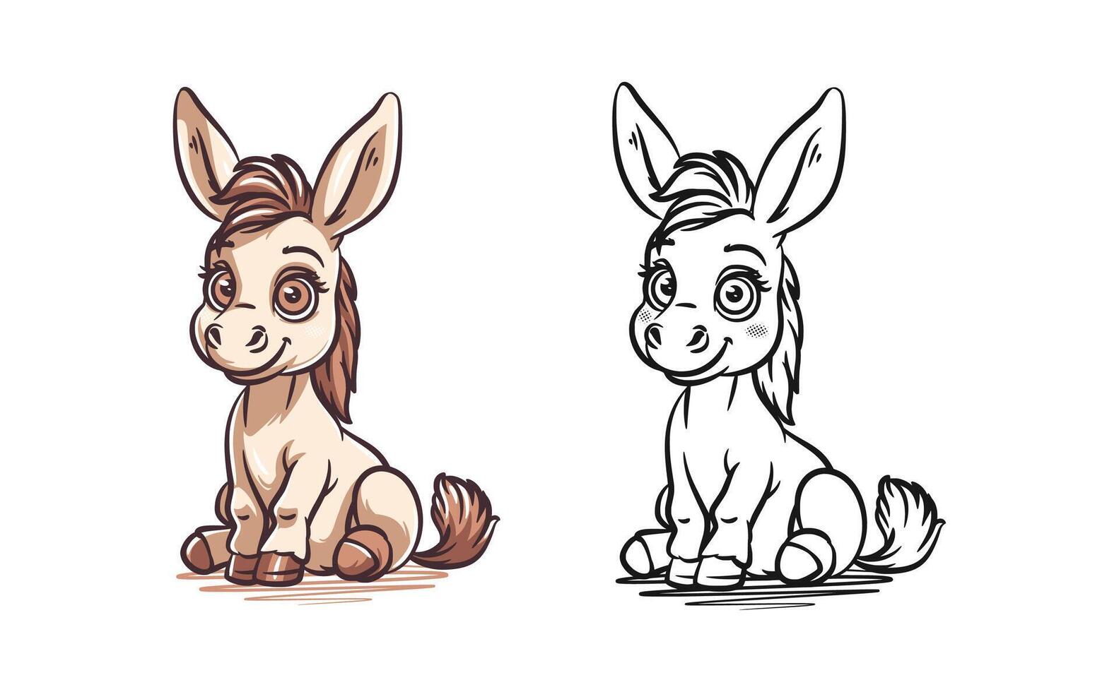Charming Donkey Illustration Set Line Art and Colorful vector