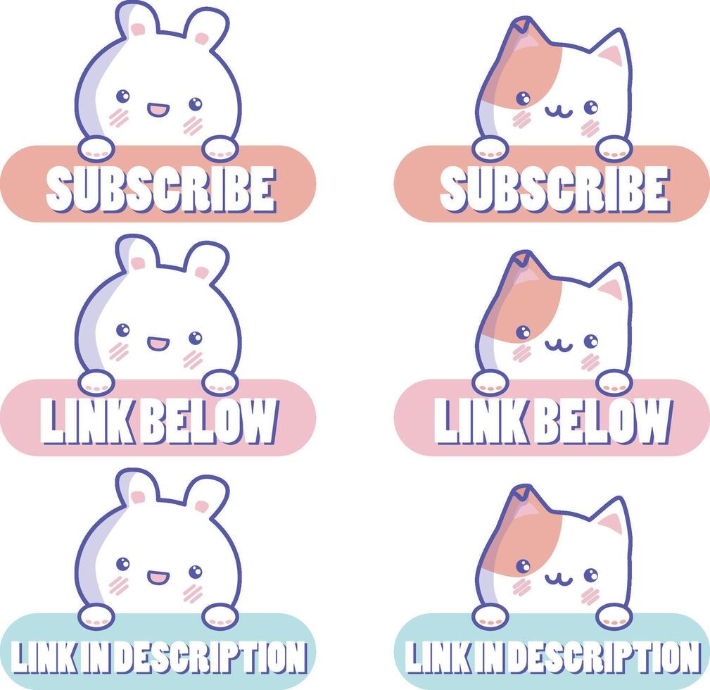 Subscribe button, link below button and link in description in kawaii style vector