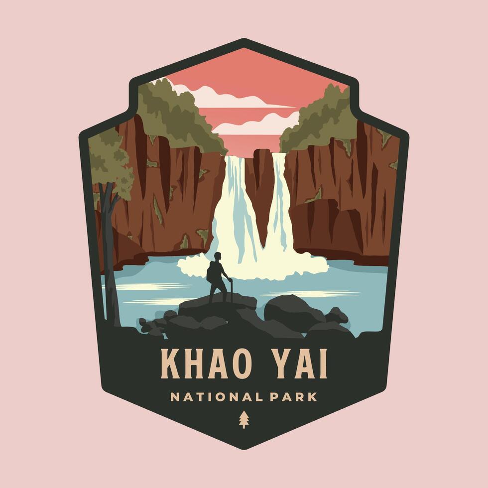 heon swat waterfall in khao yai national park emblem patch logo illustration design, thailand emblem national park design vector