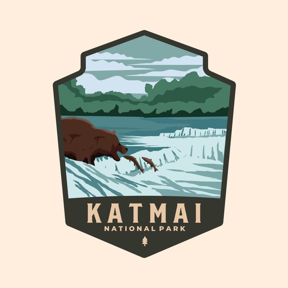 katmai national park logo patch illustration design, alaska landmark emblem design vector