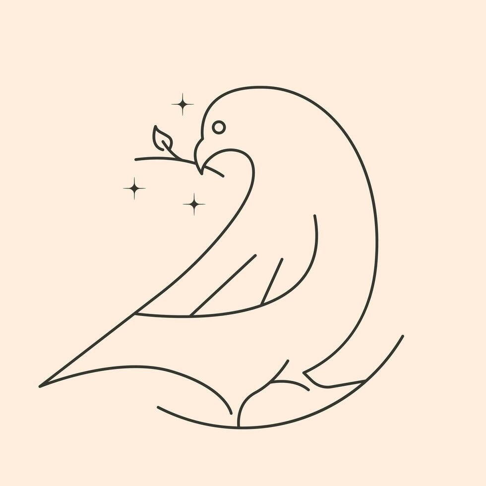 pigeon bird biting a twig line art logo illustration design. vector
