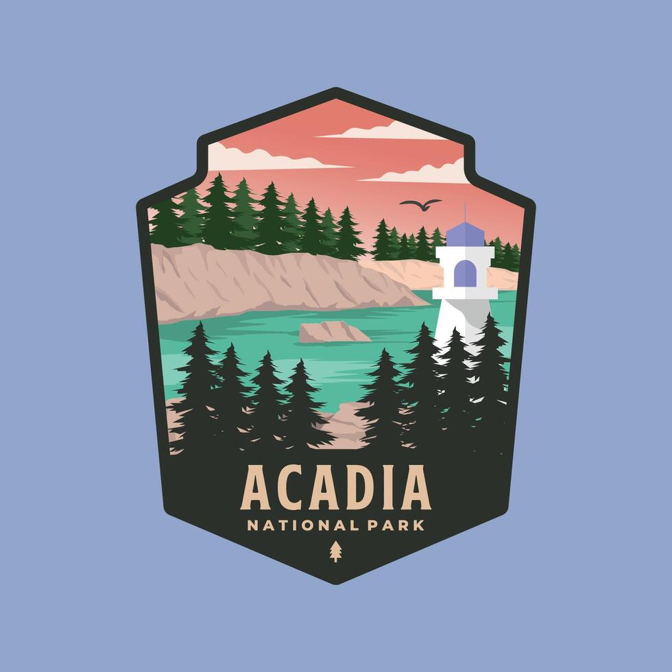 acadia national park patch logo illustration design, maine landmark emblem style vector