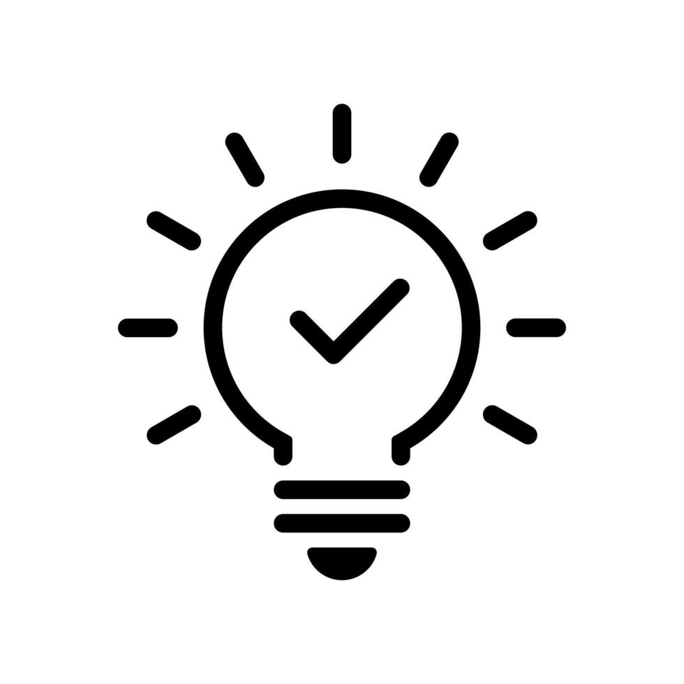 Light bulb outline with check mark icon. Lamp with tick sign. Insight, tip with checkmark symbol vector