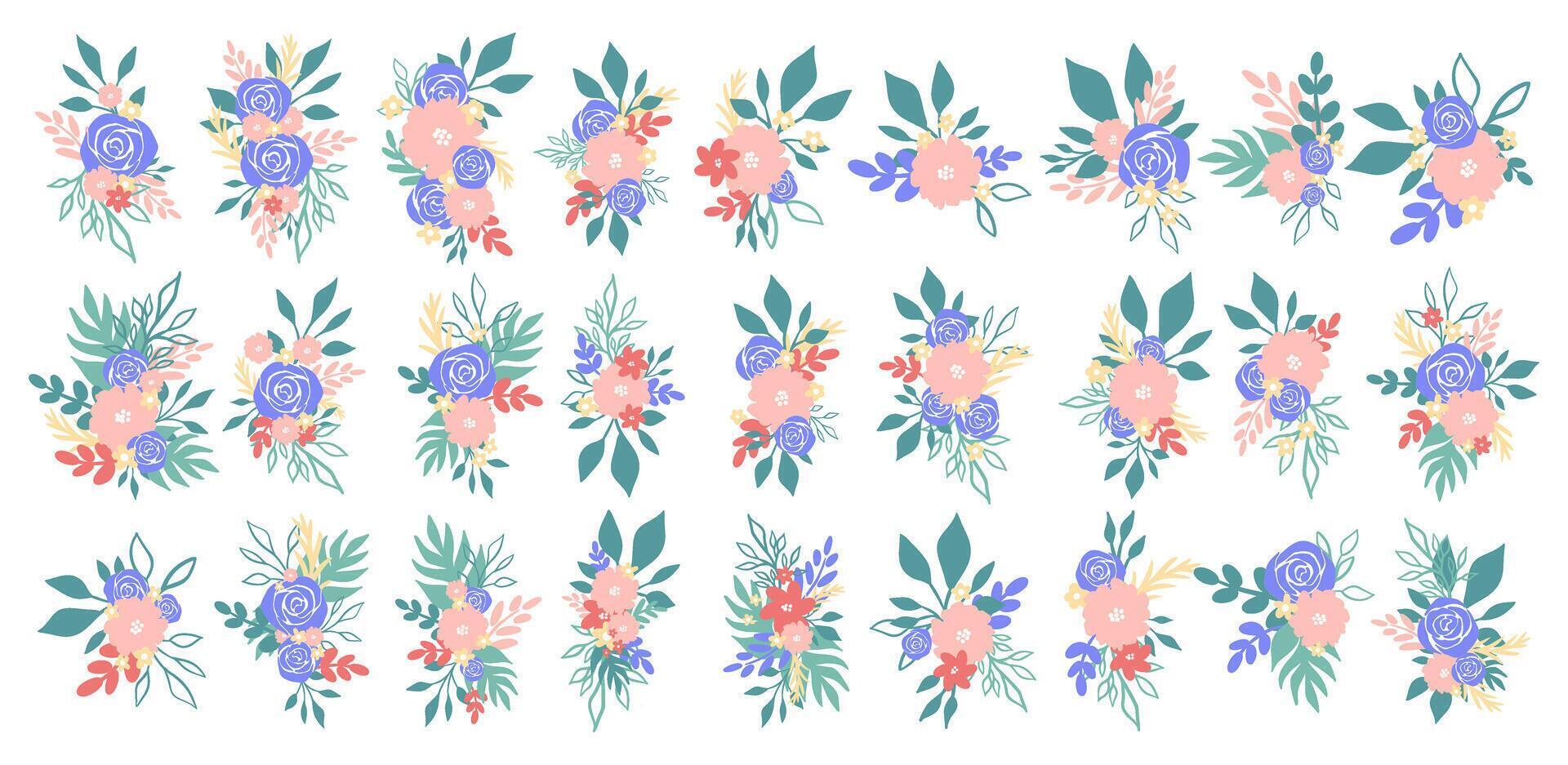 A large set of flower arrangements with blue roses and plants vector