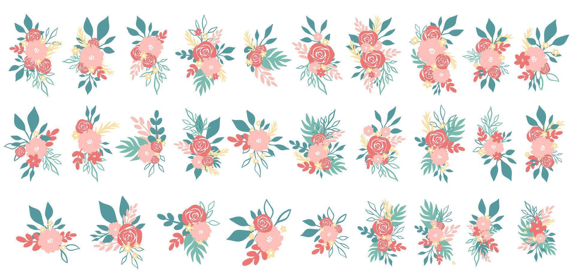 A large set of flower arrangements with pink roses and plants vector