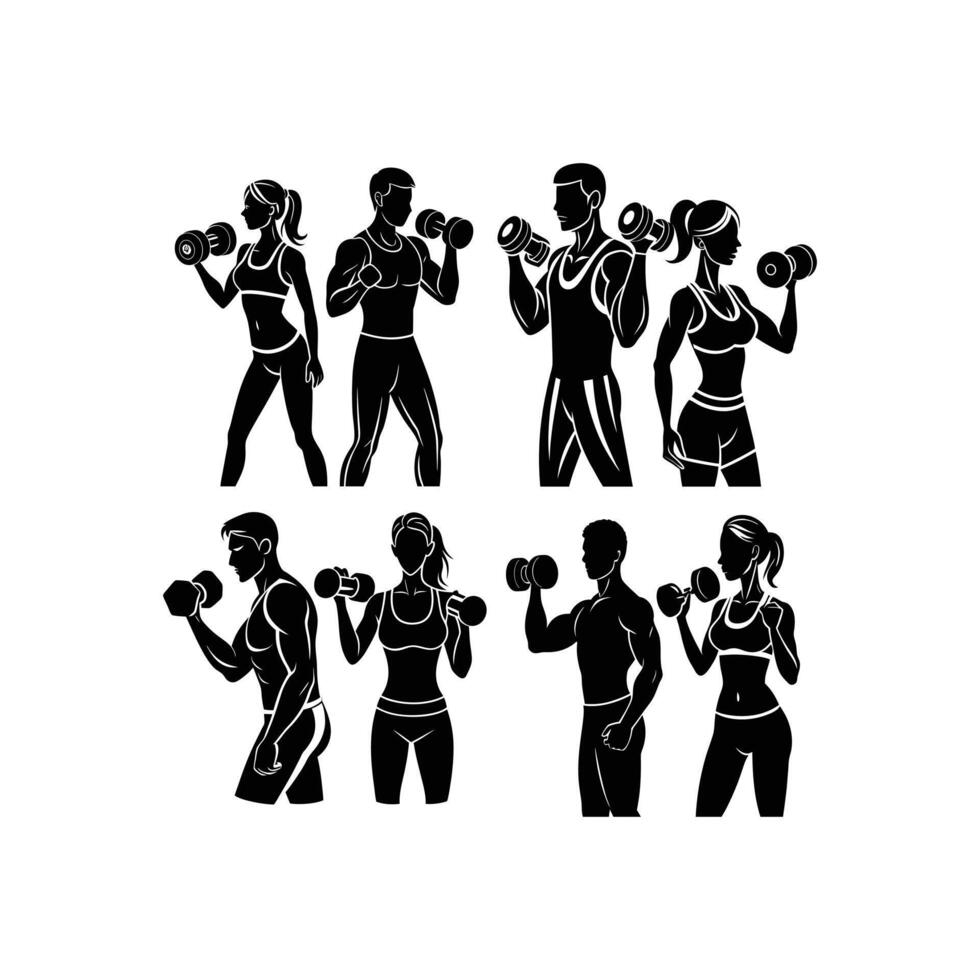 Man and Woman Exercising with Dumbbells Silhouette Fitness Art vector