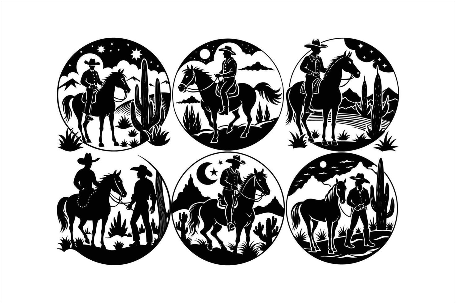 Set of Cowboy and Riding Horse Silhouettes in Wild West Stock Illustration vector