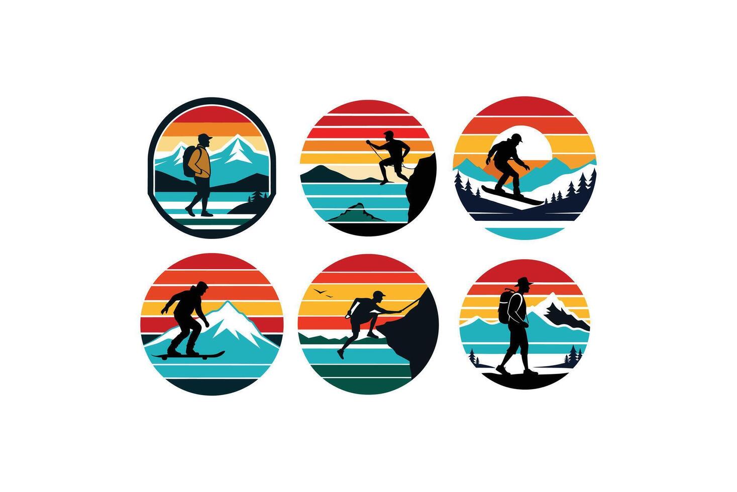 Retro Vintage T-Shirt Design Snowboarder, Rock Climber and Hiker Silhouettes on Scenic Background vector