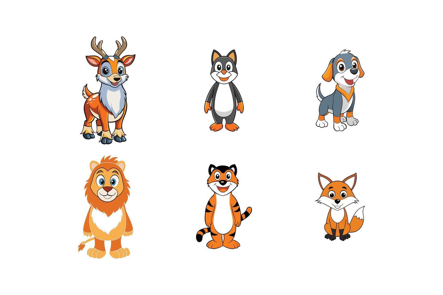 Set of Gentoo Cat, Dog, Lion, Tiger, Fox, and Deer Cartoon Silhouette vector