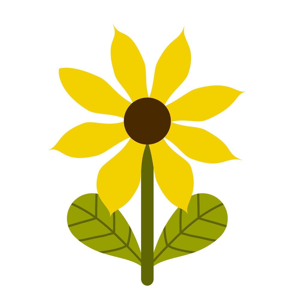 A bright yellow flower with elegant petals, a deep brown center, and fresh green leaves. Ideal for floral designs, stickers, and decorations, bringing a cheerful and vibrant nature-inspired touch. vector
