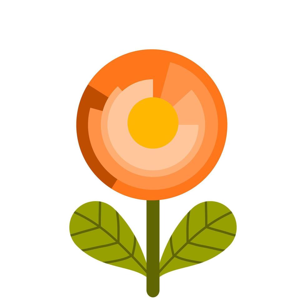 A modern, abstract orange flower with layered petals, a bright yellow center, and fresh green leaves. Ideal for floral designs, digital art, stickers, and decorative elements with a cheerful vibe. vector