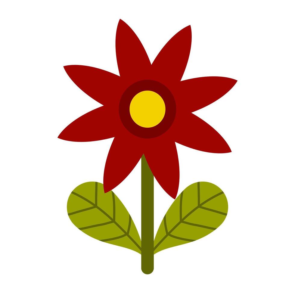 A charming red flower with pointed petals, a bright yellow center, and fresh green leaves. Perfect for stickers, clipart, and decorations to add a bold and cheerful floral touch to any design. vector