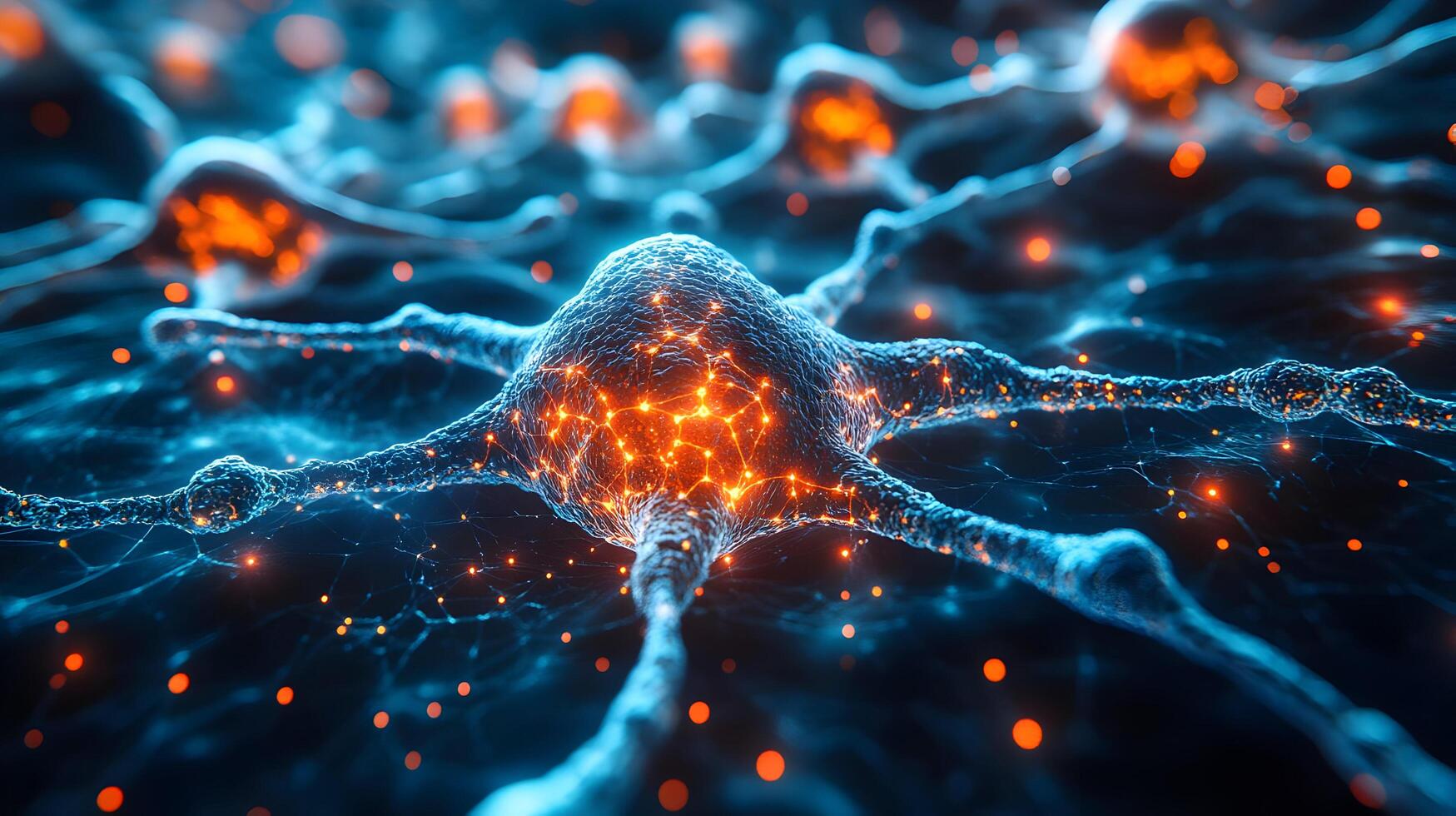 Abstract 3D Render of Neuron Cell in Blue and Orange photo