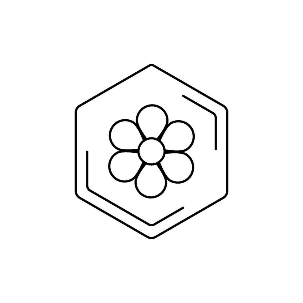 chamomile black line pictogram. Minimalist flower emblem inside hexagon outline. Floral themes, pollen, field honey in a minimalistic style. vector