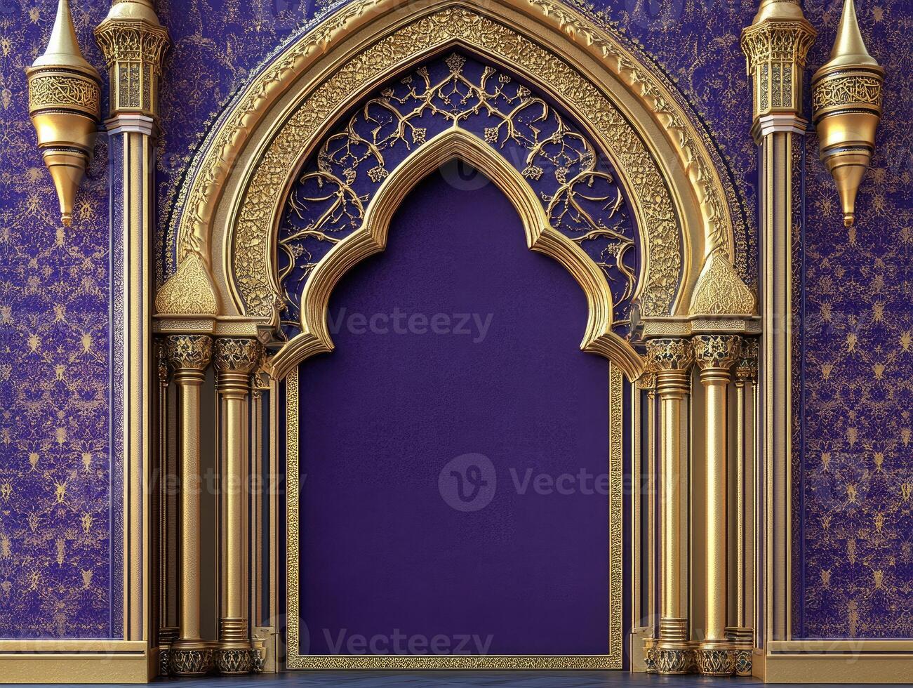 Elegant golden arch with intricate patterns on a rich purple background for luxurious decor photo