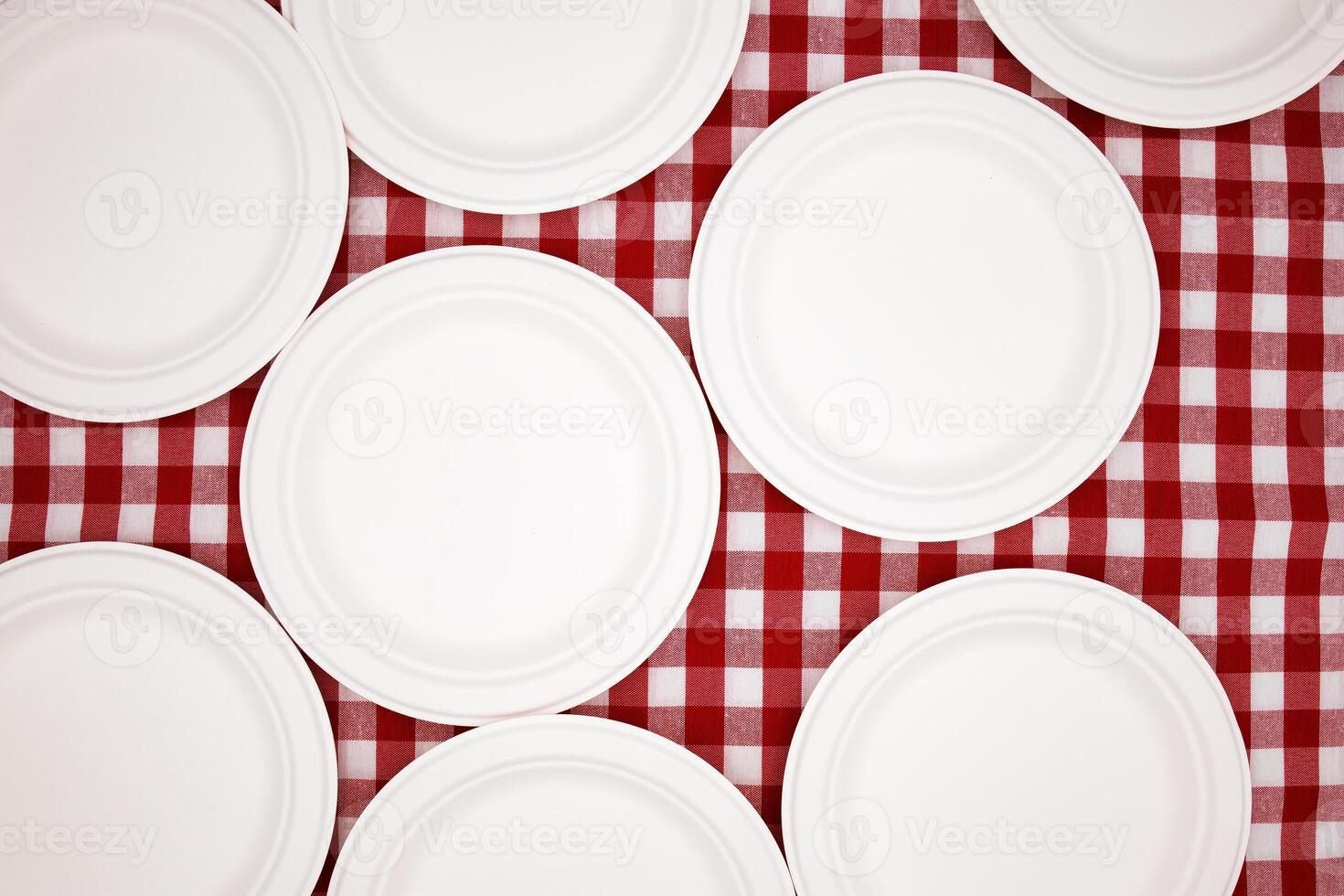 White plates on red checkered tablecloth creating rustic picnic setting photo