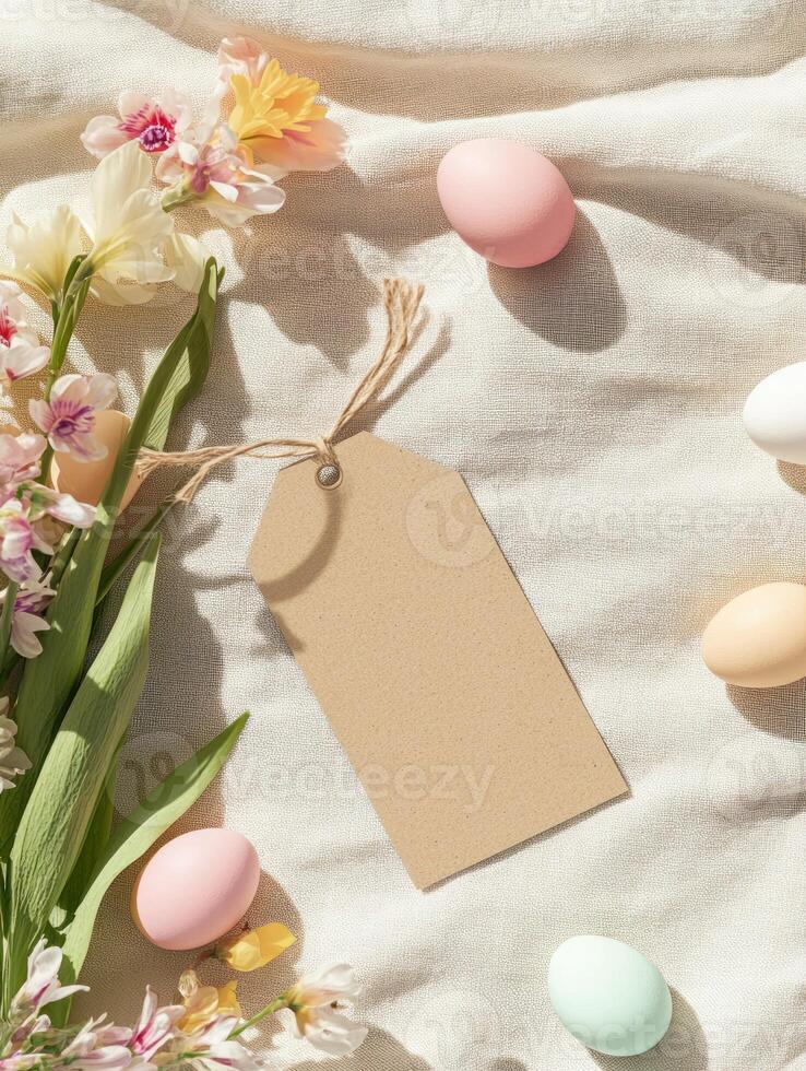 Creative Easter mockup with blank kraft paper, pastel eggs, and spring flowers for design photo