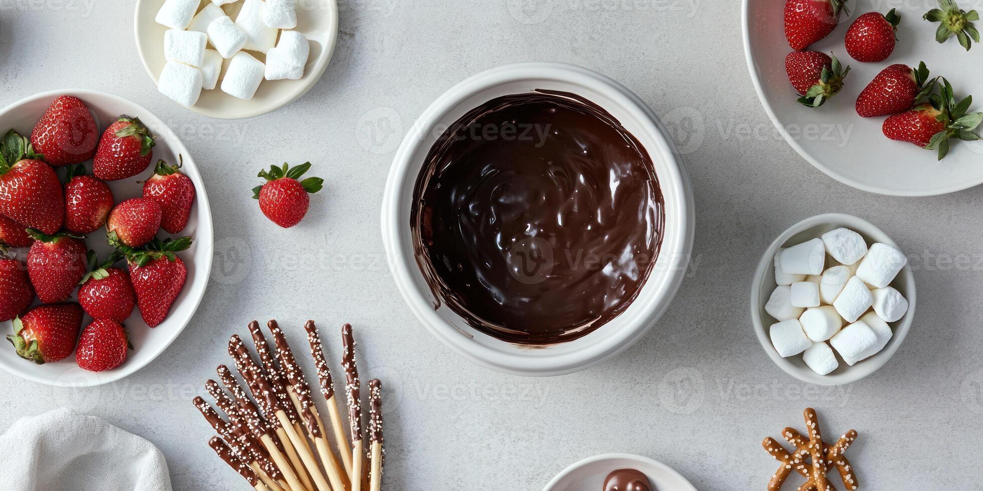 Luxurious dessert arrangement with chocolate fondue and fresh strawberries for event planning photo
