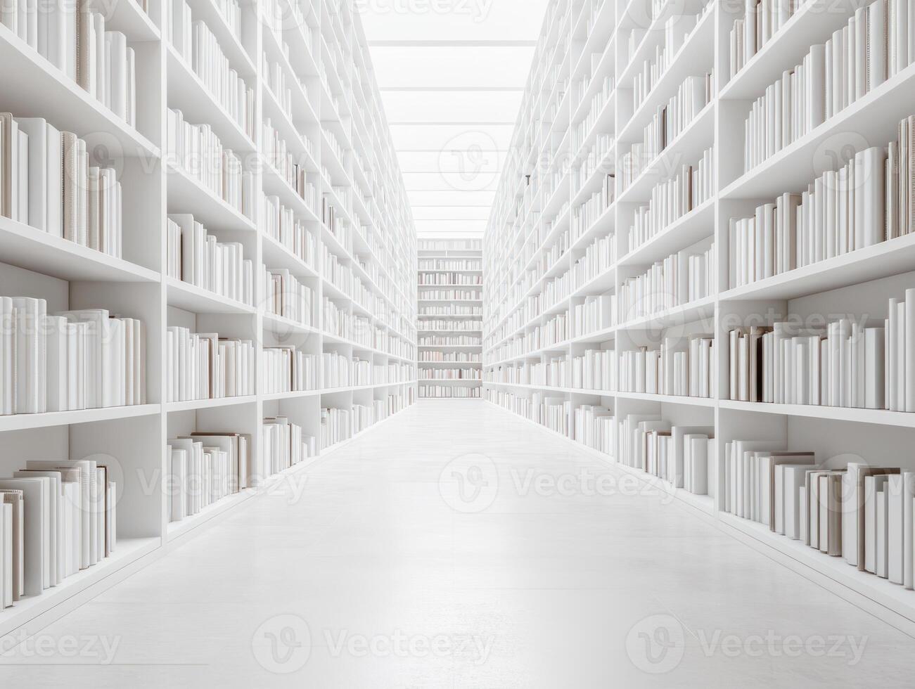 Endless rows of white bookshelves in minimalist library interior design photo