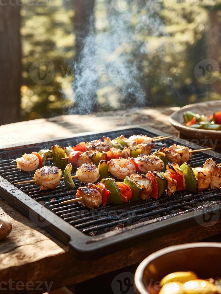 Rustic outdoor barbecue with grilled skewers in a forest setting photo