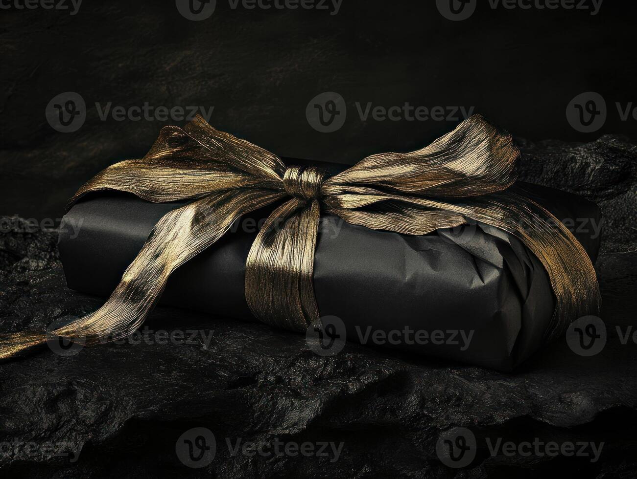 Elegant gift wrapped in black matte paper with golden ribbon for special occasions photo