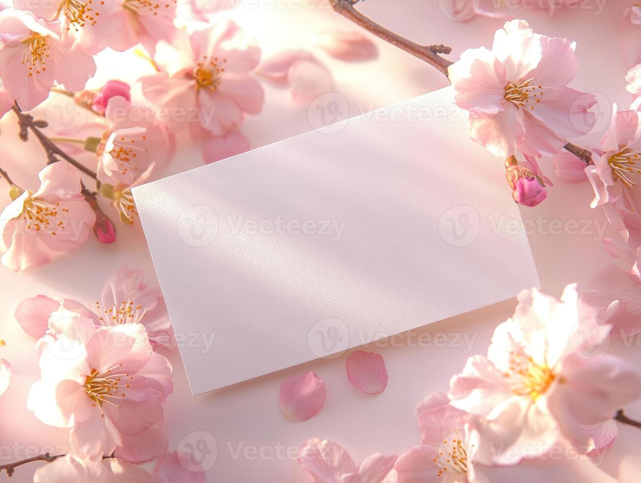Dreamy softly lit flat lay with crisp white blank card and cherry blossoms for spring design photo