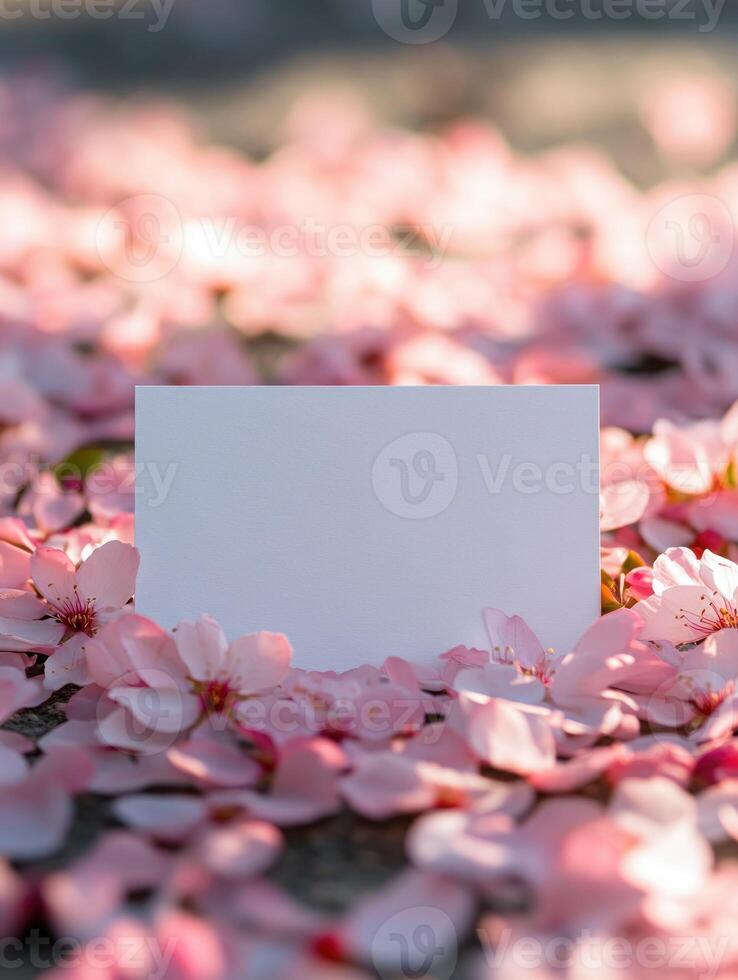 Blank white greeting card among pink cherry blossom petals for spring invitations or announcements photo