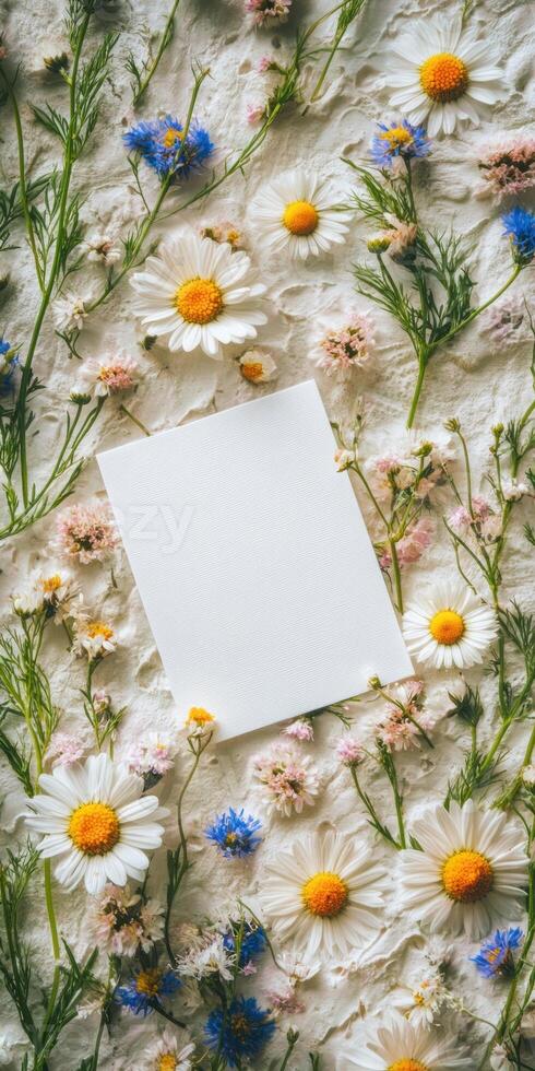Elegant botanical flat lay with blank white invitation for floral themed designs photo