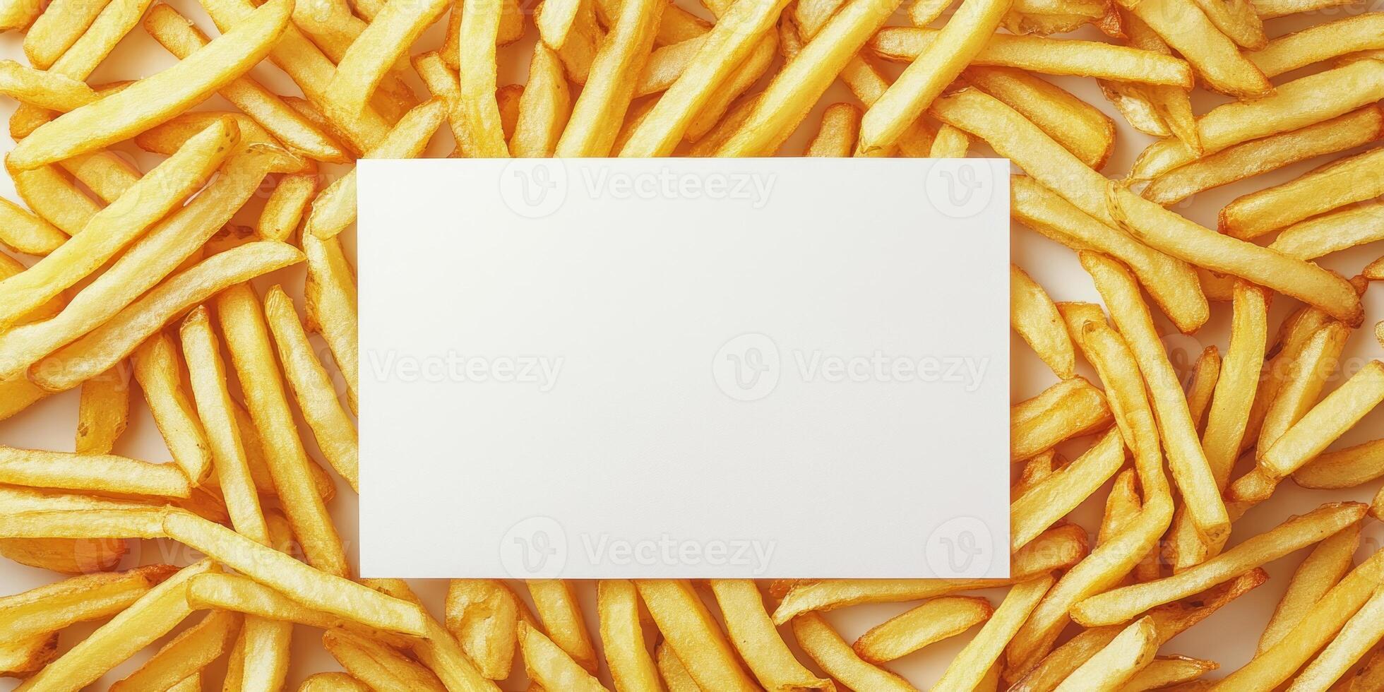 Blank white card surrounded by crispy french fries in hyper realistic studio setting photo