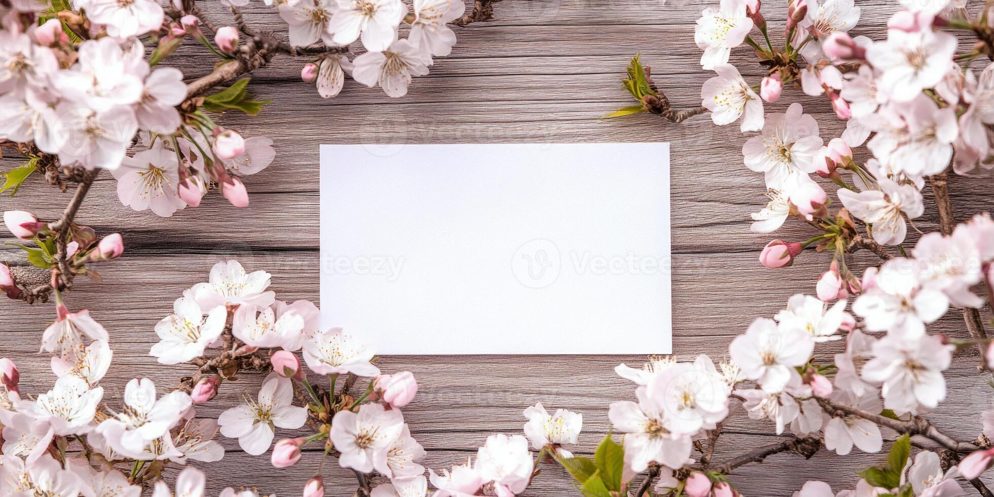 Elegant floral mockup with cherry blossoms on wooden background for invitations or greeting cards photo