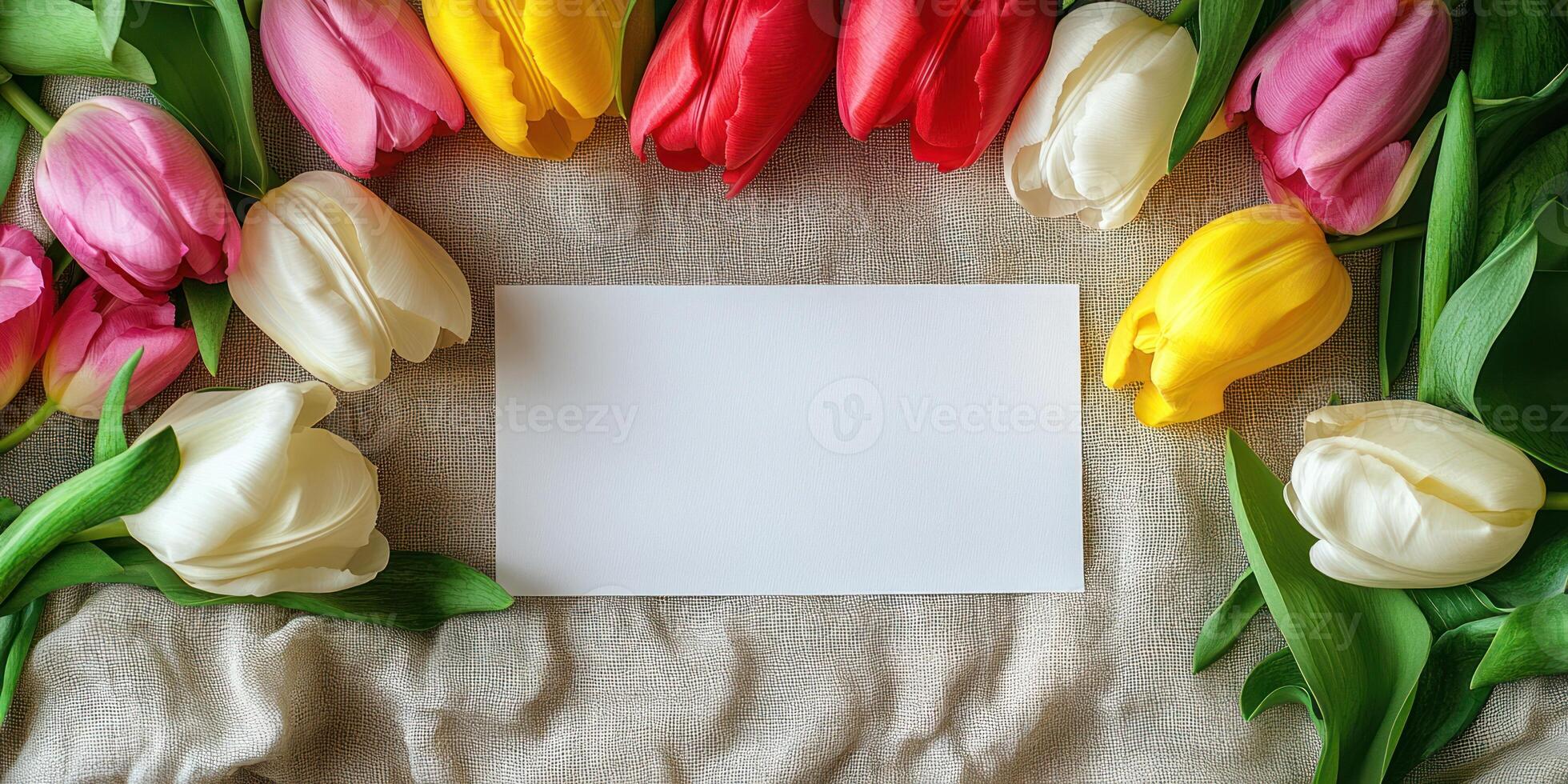 Hyper realistic studio shot of blank white card surrounded by colorful tulips for spring celebrations or invitations photo