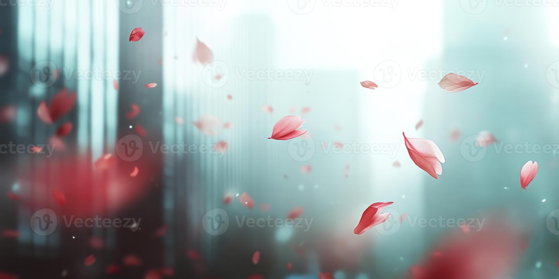 Dreamy cherry blossom petals in urban skyline background for tranquil design photo