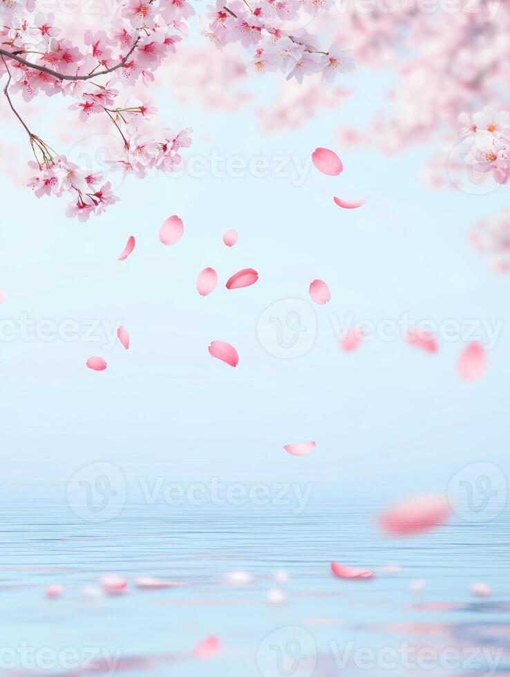 Tranquil riverside with cherry blossoms and petals falling in spring photo