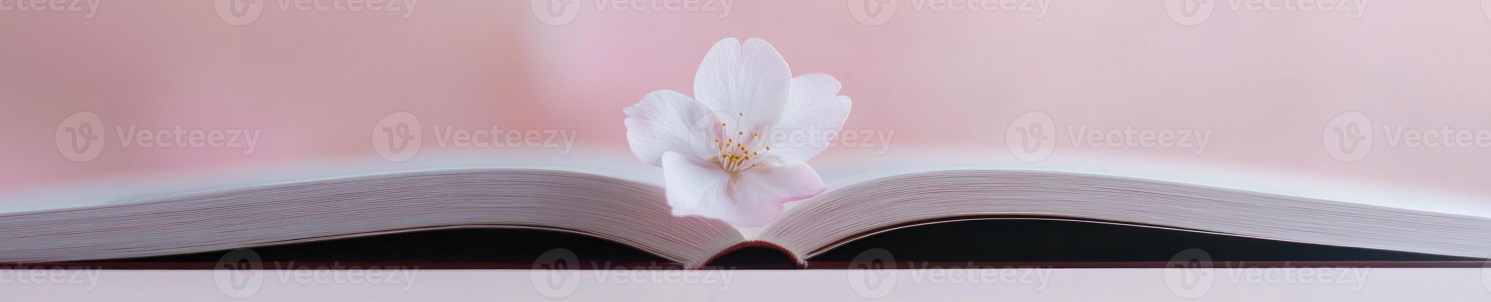 Minimalistic still life with blossom flower on open book for elegant design photo