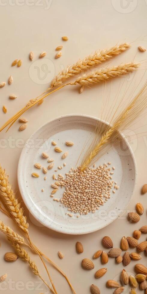 Minimalist composition of sprouting seed with wheat ears on ceramic plate for natural decor photo