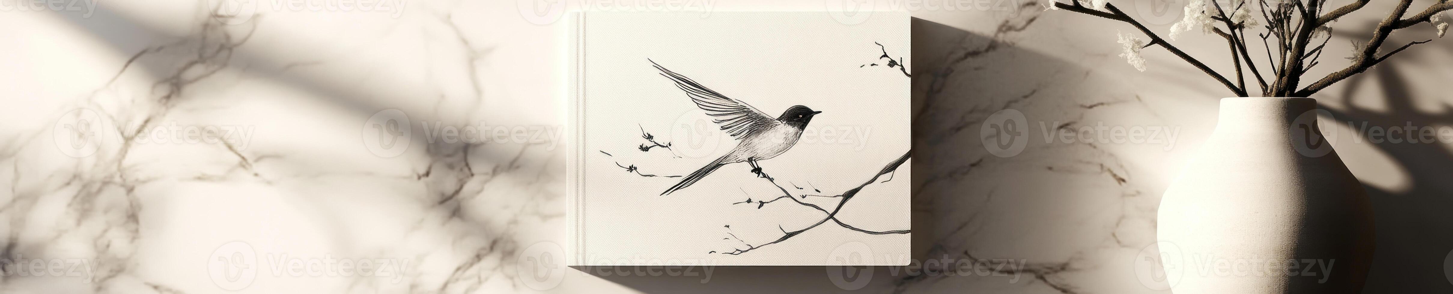 Minimalist art decor featuring bird illustration and elegant vase on marble background photo