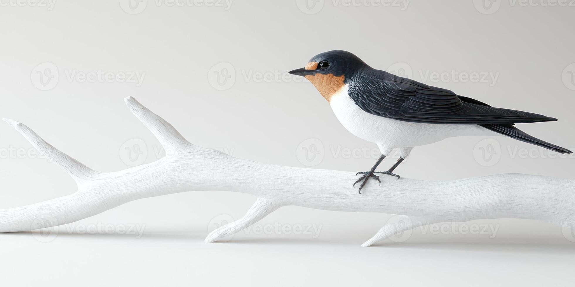 Hyper realistic high resolution close up of a swallow on a white branch photo