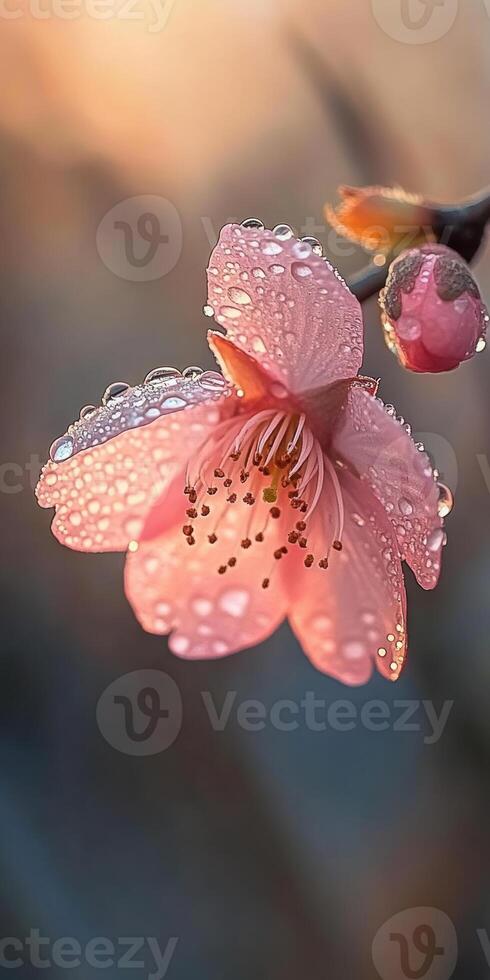 Macro shot of cherry blossom with dewdrops capturing natures delicate beauty photo